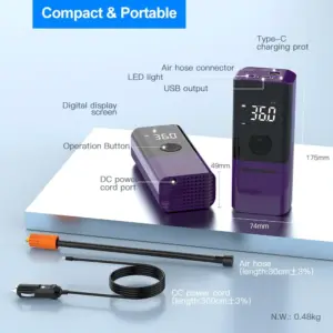Bergmann VoltAir Cordless + Corded 2in1 Portable Tyre Inflator | 150 psi | 6000mAH Large Battery | LED Display | Type-C Port | for Cars, Bikes, Toys & Bicycles | Luxury Purple - Image 3