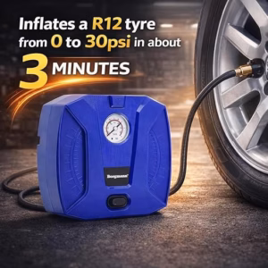 Bergmann Striker Compact & Portable Car & Bike Tyre Inflator | 12V DC, 120W, 100% Copper Motor | High Precision Metal Gauge | Braided Hose | LED Light | Blue - Image 4