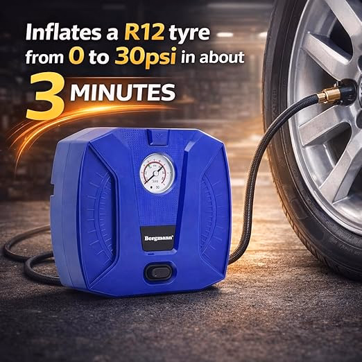Bergmann Striker Compact & Portable Car & Bike Tyre Inflator | 12V DC, 120W, 100% Copper Motor | High Precision Metal Gauge | Braided Hose | LED Light | Blue