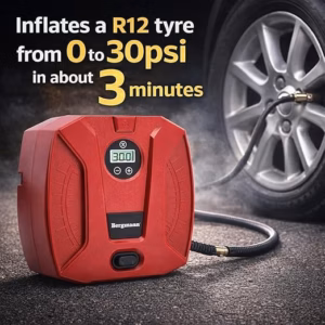 Bergmann Striker Digital Compact & Portable Car & Bike Tyre Inflator | 12V Dc, 120W, 100% Copper Motor | Digital Gauge with Preset & Auto Cut-Off | Braided Hose | Led Light | Red - Image 4