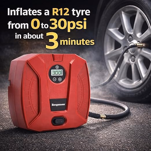 Bergmann Striker Digital Compact & Portable Car & Bike Tyre Inflator | 12V Dc, 120W, 100% Copper Motor | Digital Gauge with Preset & Auto Cut-Off | Braided Hose | Led Light | Red