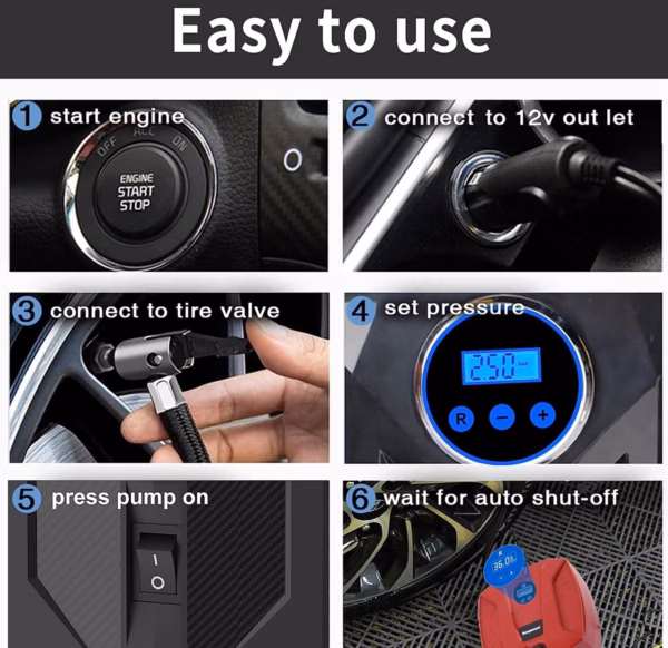 Bergmann Striker Digital Compact & Portable Car & Bike Tyre Inflator | 12V Dc, 120W, 100% Copper Motor | Digital Gauge with Preset & Auto Cut-Off | Braided Hose | Led Light | Red