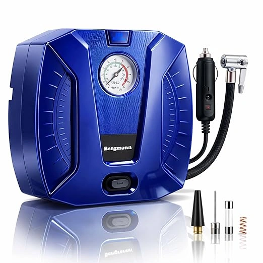 bergmann-striker-compact-portable-car-bike-tyre-inflator-12v-dc-120w-100-copper-motor-high-precision-metal-gauge-braided-hose-led-light-blue