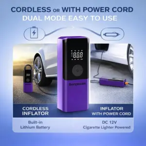 Bergmann VoltAir Cordless + Corded 2in1 Portable Tyre Inflator | 150 psi | 6000mAH Large Battery | LED Display | Type-C Port | for Cars, Bikes, Toys & Bicycles | Luxury Purple - Image 4