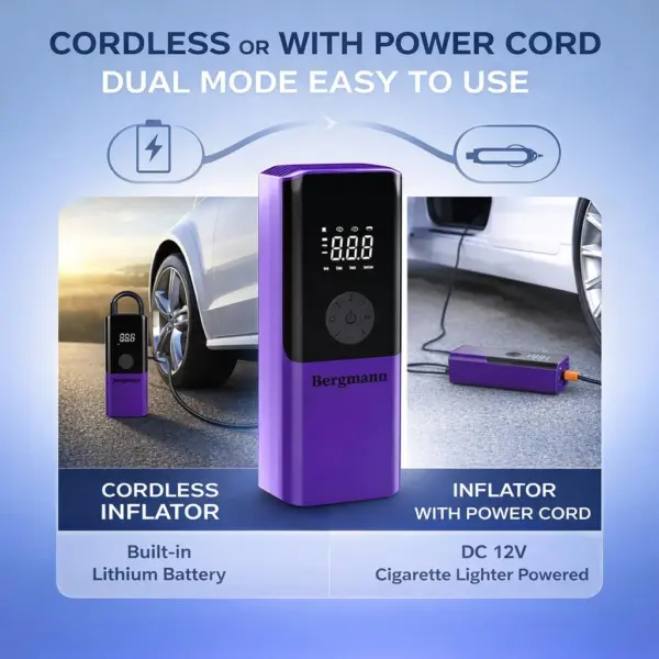 Bergmann VoltAir Cordless + Corded 2in1 Portable Tyre Inflator | 150 psi | 6000mAH Large Battery | LED Display | Type-C Port | for Cars, Bikes, Toys & Bicycles | Luxury Purple