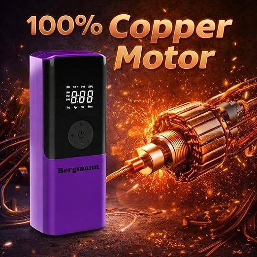 Bergmann VoltAir Cordless + Corded 2in1 Portable Tyre Inflator | 150 psi | 6000mAH Large Battery | LED Display | Type-C Port | for Cars, Bikes, Toys & Bicycles | Luxury Purple