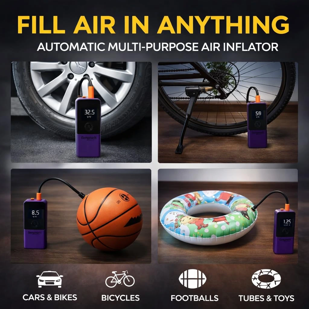 Bergmann VoltAir Cordless + Corded 2in1 Portable Tyre Inflator | 150 psi | 6000mAH Large Battery | LED Display | Type-C Port | for Cars, Bikes, Toys & Bicycles | Luxury Purple - Image 5