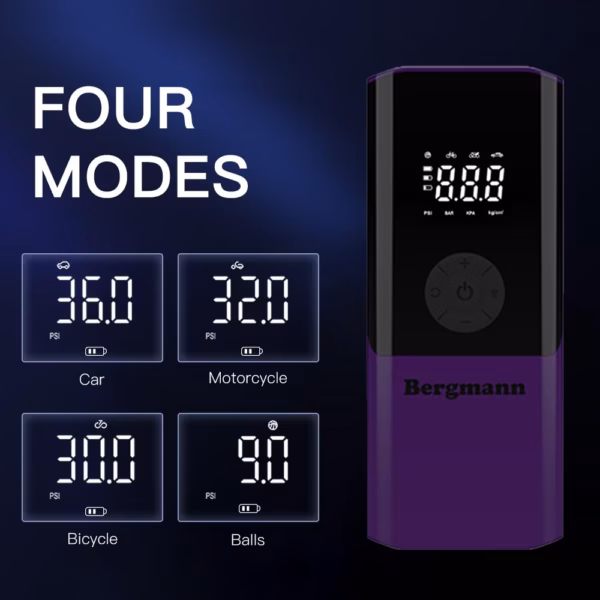 Bergmann VoltAir Cordless + Corded 2in1 Portable Tyre Inflator | 150 psi | 6000mAH Large Battery | LED Display | Type-C Port | for Cars, Bikes, Toys & Bicycles | Luxury Purple